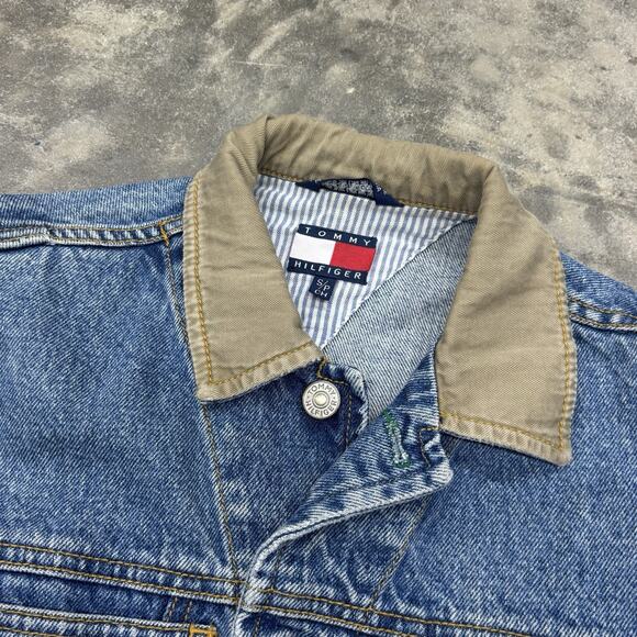 Vtg 90s Tommy Hilfiger Jean Jacket Crop Crest Logo Blue Denim Womens S Classic - Picture 2 of 11